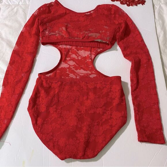 Weissman Elite dance costume red Lace Open Back Leotard long sleev SL10073 MC - Picture 3 of 10